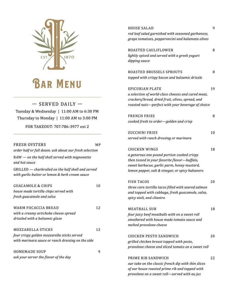 Ivanhoe Bar Menu