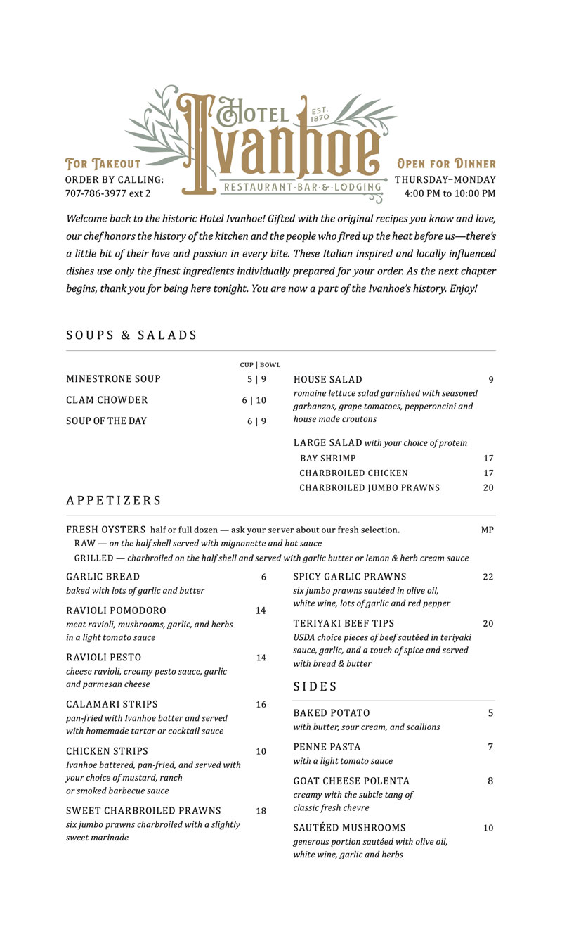 Ivanhoe Menu