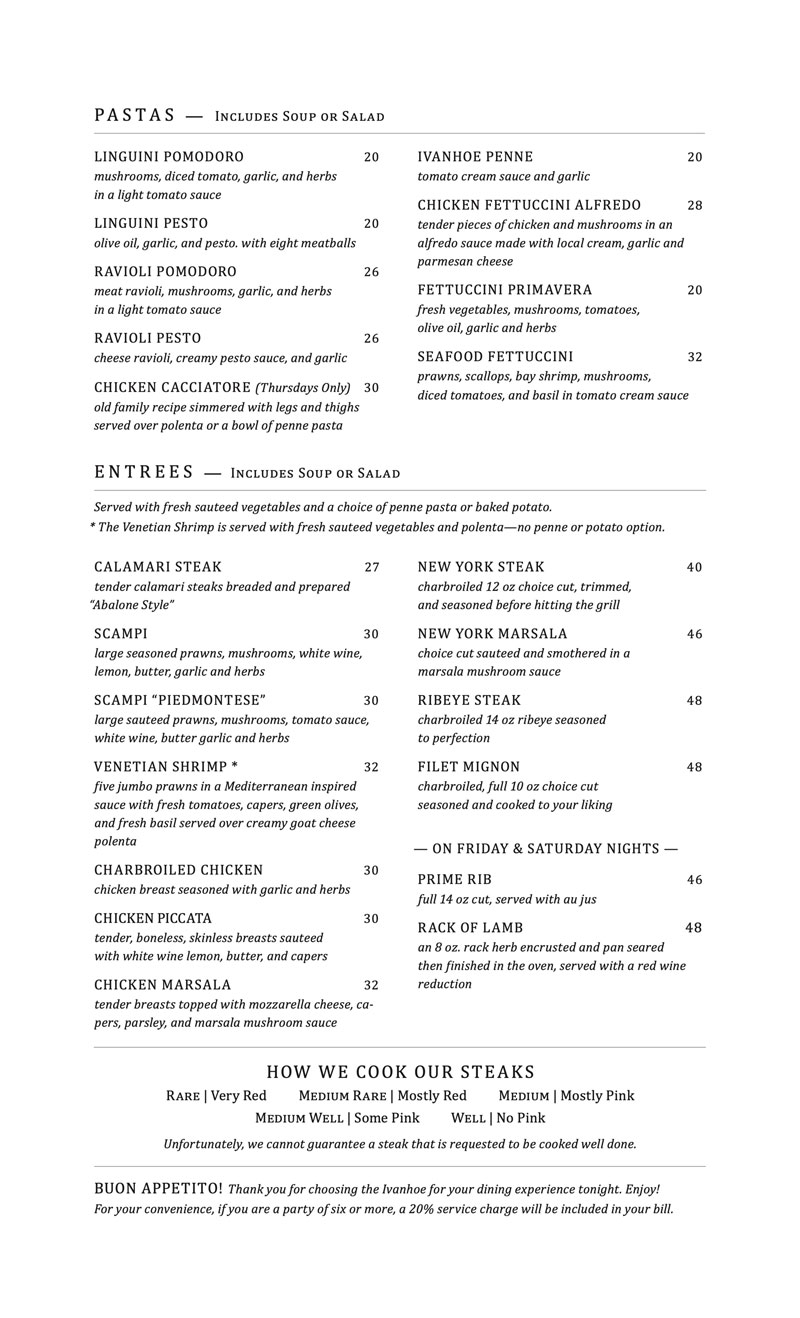 Ivanhoe Menu
